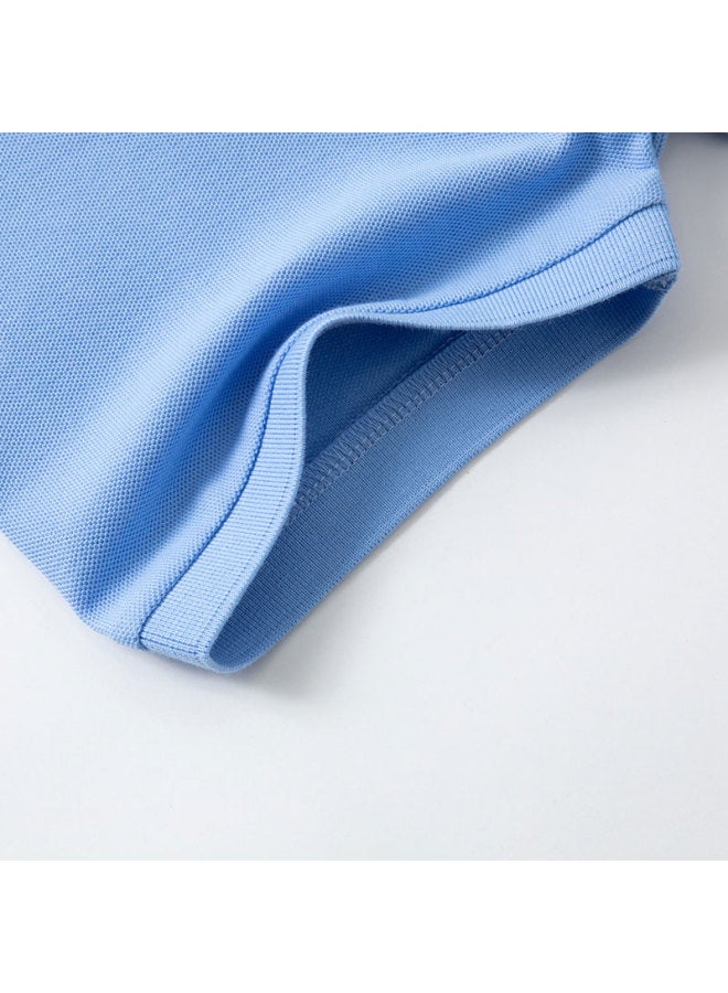 Limeng Men's Solid Color Paul Shirt Cotton Short Sleeve T-shirt With Turn-down Collar Large Size T-shirt Tide Light Blue 190 - Image 4