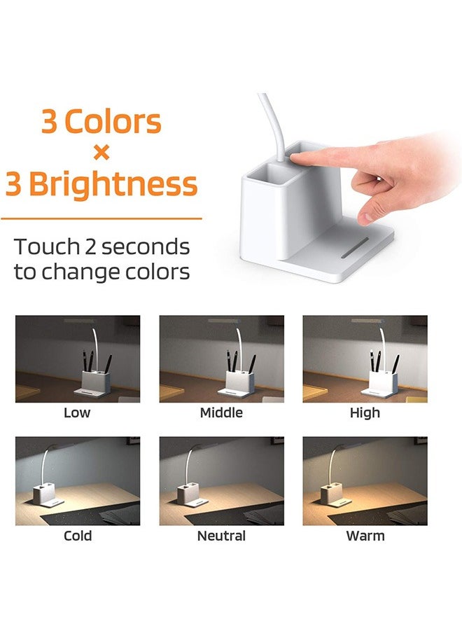 Generic LED Small Desk Lamp, Desk Lamps for Home Office, White Desk Light for Kids, Desktop/Computer Study Lamps for Bedrooms, Rechargeable, Battery Operated, Pen Holder, Adjustable Gooseneck Reading Lamp  - Image 2