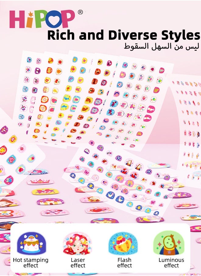 HIPOP 300 pcs Kids Stickers for Girls, Kids Nail Sticker Set with 4 Designs Glitter Glow Foil Laser Effects, Waterproof and Portable, Easy to Apply and Remove  - Image 3
