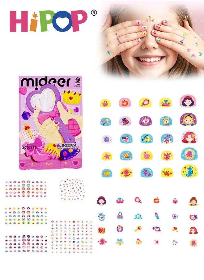 HIPOP 300 pcs Kids Stickers for Girls, Kids Nail Sticker Set with 4 Designs Glitter Glow Foil Laser Effects, Waterproof and Portable, Easy to Apply and Remove  - Image 1