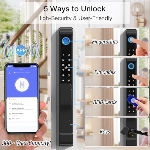 Pothunder Sliding Door Smart Lock, Sliding Glass Door Lock with Fingerprint, Smart Mortise Lock with APP IC Card Code Keys, Patio Door Double Hook 2885 Mortise Lock Set with Handle - Image 2