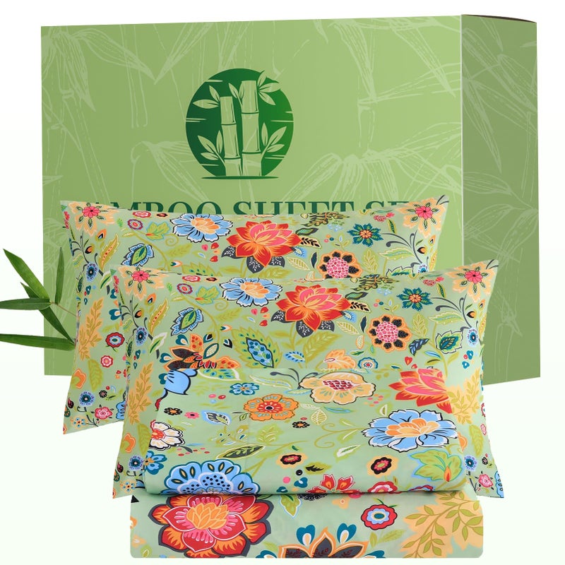 Bedlifes Queen Floral 4-Piece Sheet Set - Cooling Sheets Blend Rayon Derived from Bamboo,Soft & Breathable, Deep Pocket 16", Wrinkle Resistant - Vibrant Boho Floral Sage Green - Image 1
