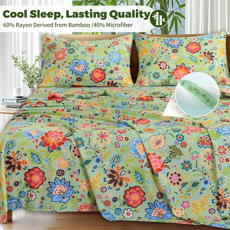 Bedlifes Queen Floral 4-Piece Sheet Set - Cooling Sheets Blend Rayon Derived from Bamboo,Soft & Breathable, Deep Pocket 16", Wrinkle Resistant - Vibrant Boho Floral Sage Green - Image 2
