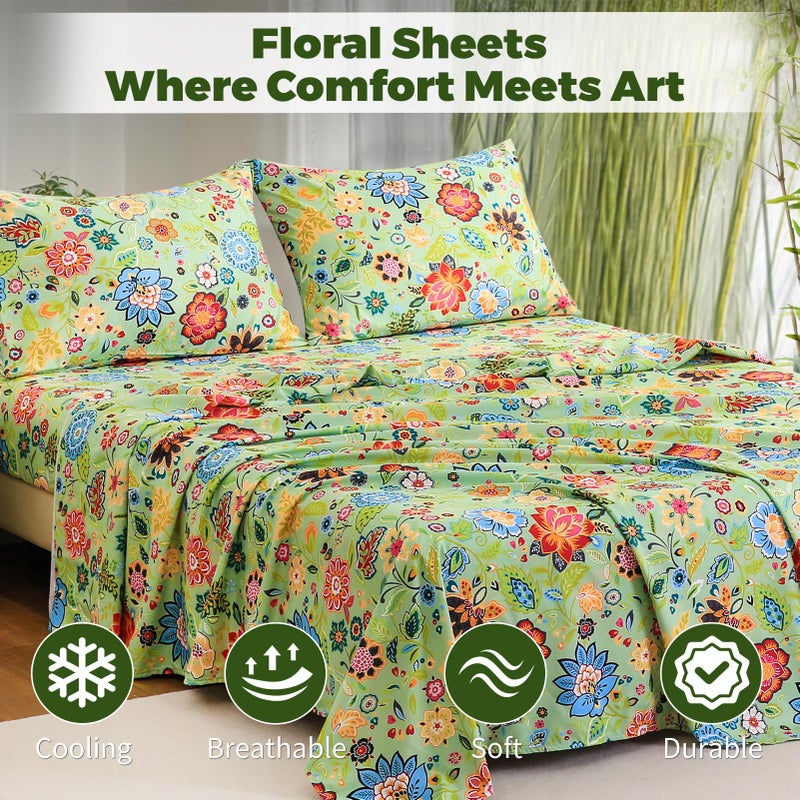 Bedlifes Queen Floral 4-Piece Sheet Set - Cooling Sheets Blend Rayon Derived from Bamboo,Soft & Breathable, Deep Pocket 16", Wrinkle Resistant - Vibrant Boho Floral Sage Green - Image 3