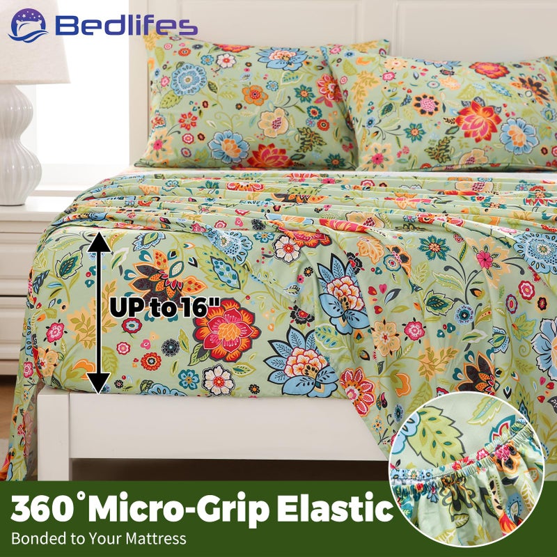 Bedlifes Queen Floral 4-Piece Sheet Set - Cooling Sheets Blend Rayon Derived from Bamboo,Soft & Breathable, Deep Pocket 16", Wrinkle Resistant - Vibrant Boho Floral Sage Green - Image 4