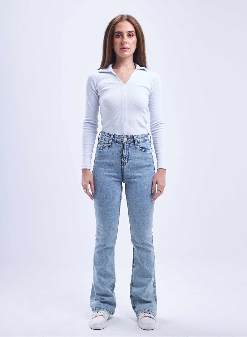 CIZARO High-Waist Light Acid Wash Flared Jeans. - Image 1