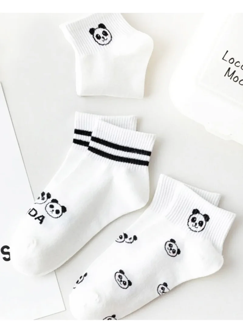 Esinti Children's Socks Socket White School Socks Colorful Girls' Panda Patterned Socks School Socks 3 Pcs