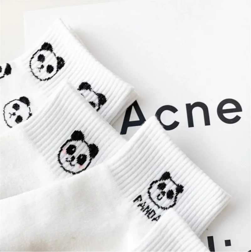 Esinti Children's Socks Socket White School Socks Colorful Girls' Panda Patterned Socks School Socks 3 Pcs