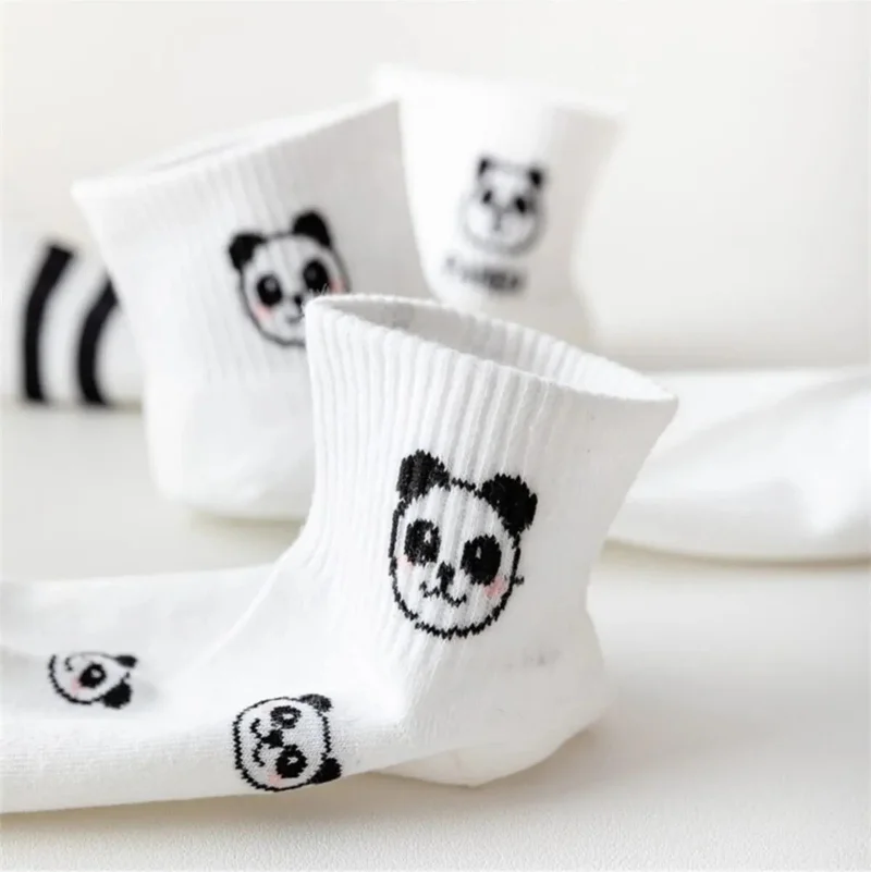 Esinti Children's Socks Socket White School Socks Colorful Girls' Panda Patterned Socks School Socks 3 Pcs
