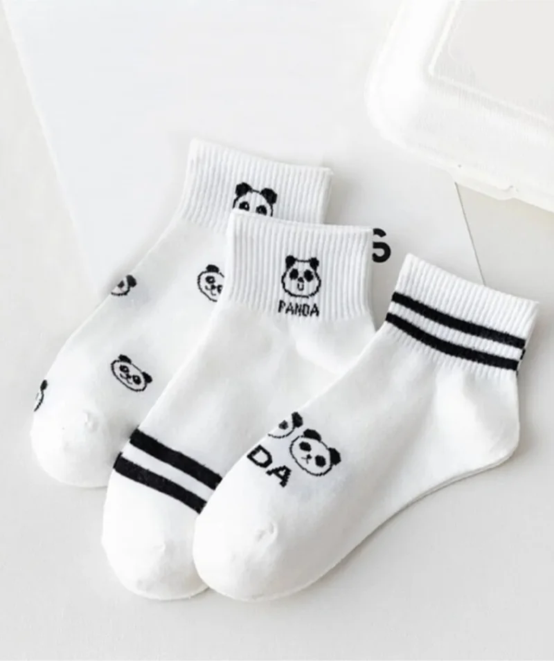 Esinti Children's Socks Socket White School Socks Colorful Girls' Panda Patterned Socks School Socks 3 Pcs