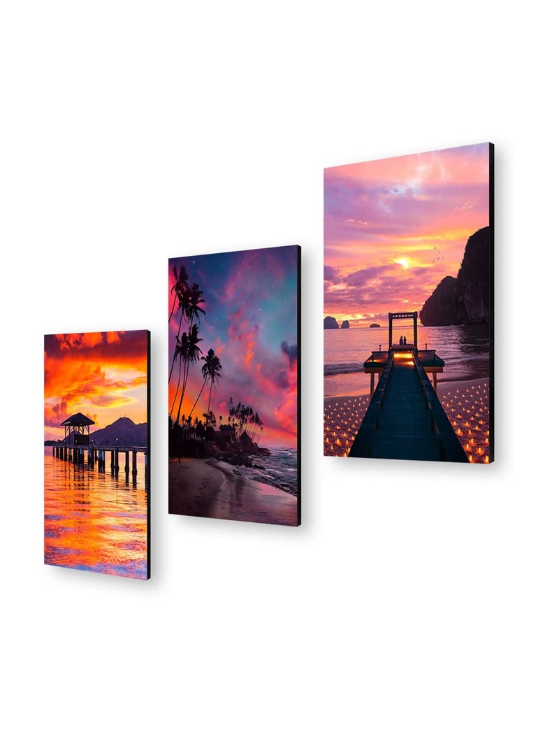 999STORE Beautiful Sunset On The Beach home room décor framed stylish modern wall frames hanging items for living (Set of 3 Panels Paper Print 24X15 Inches) MDF3Frames018 - Image 3