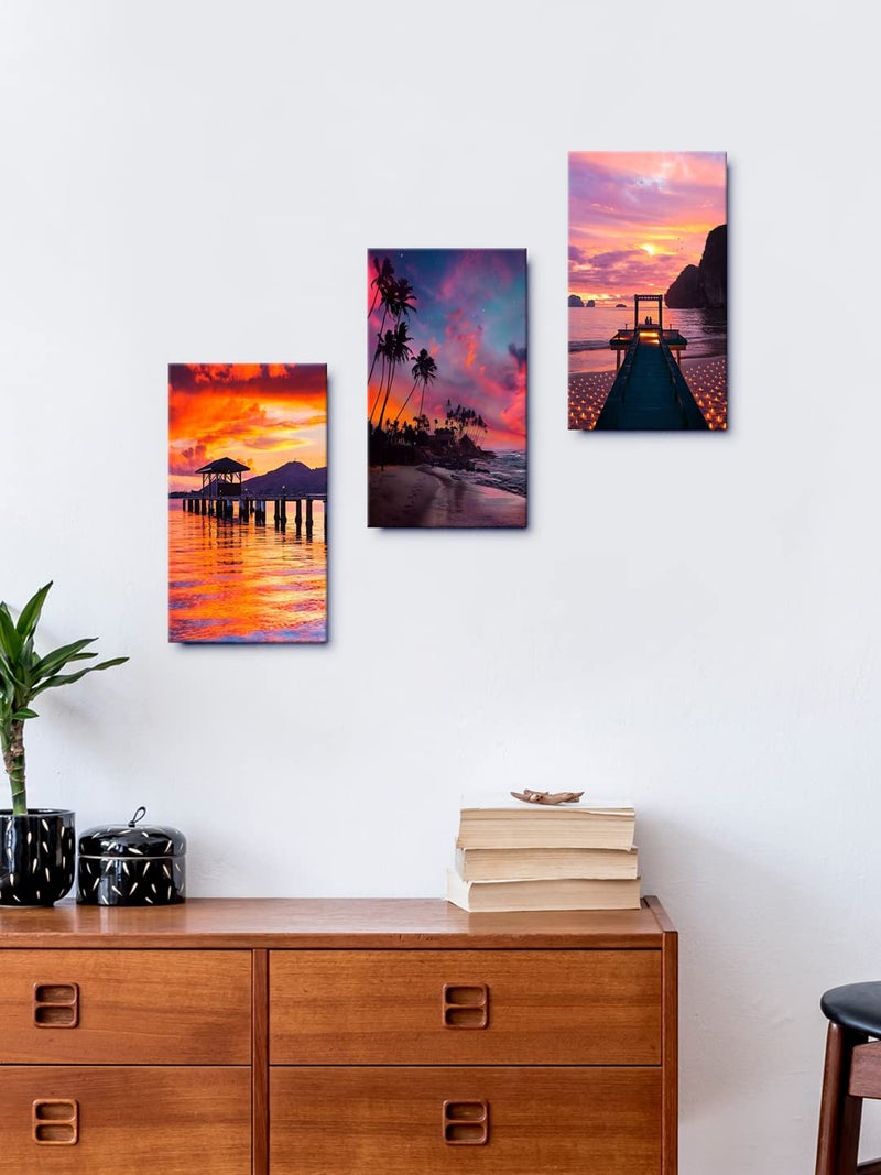 999STORE Beautiful Sunset On The Beach home room décor framed stylish modern wall frames hanging items for living (Set of 3 Panels Paper Print 24X15 Inches) MDF3Frames018 - Image 5