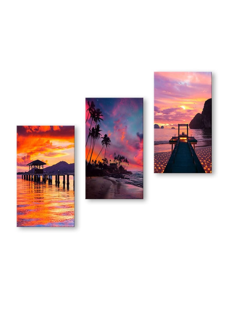 999STORE Beautiful Sunset On The Beach home room décor framed stylish modern wall frames hanging items for living (Set of 3 Panels Paper Print 24X15 Inches) MDF3Frames018 - Image 2