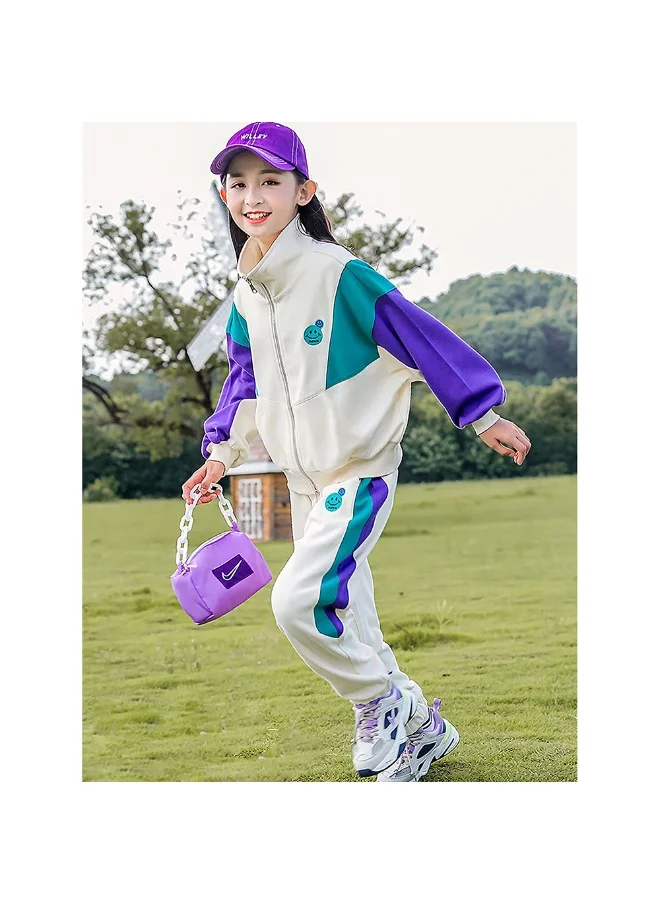 LITTLE SURPRISE BOX Cream With Teal & Purple Stripes 2Pcs Track Suit Set For Kids & Tweens -5-6Y