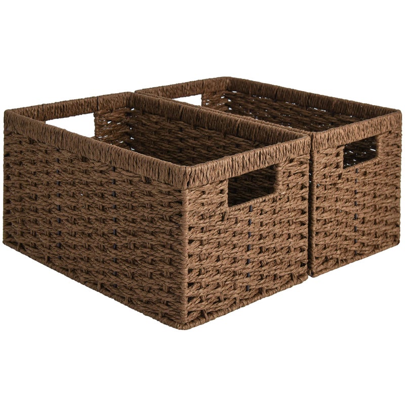 StorageWorks Round Paper Rope Storage Baskets Rectangular Wicker Baskets with Builtin Handles Medium 2Pack