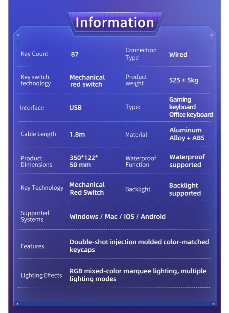 87 Keys Red Switch Mechanical Gaming Keyboard, Hot-Swappable, 16.8 Million Colors Backlit, 60% Mini , Removable Usb Wired, 525g Weight, All Keys Without Conflict Silent Rgb Color Suitable For Pc/Ps4/Xbox Gamers Mac - Image 2