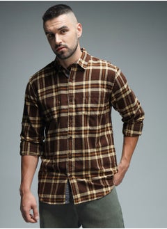 Regular Fit Checked Shirt for Men - Brown Cotton