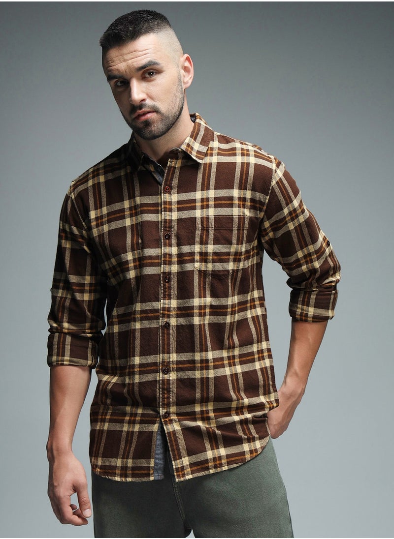 HIGH STAR - Regular Fit Checked Shirt for Men - Brown Cotton - Image 1