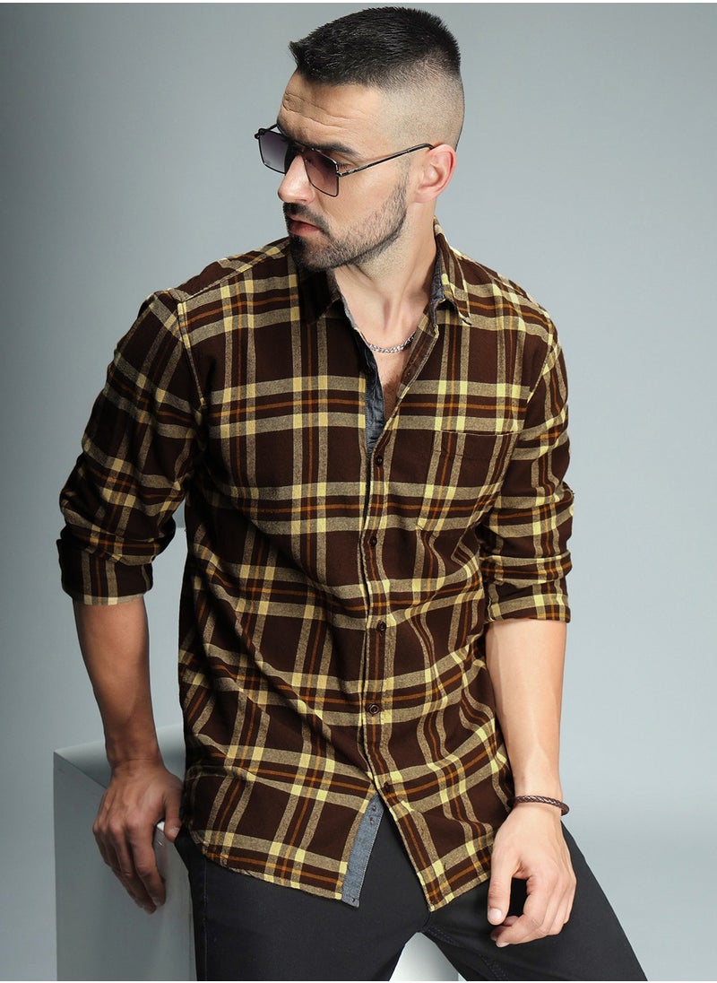 HIGH STAR - Regular Fit Checked Shirt for Men - Brown Cotton - Image 1