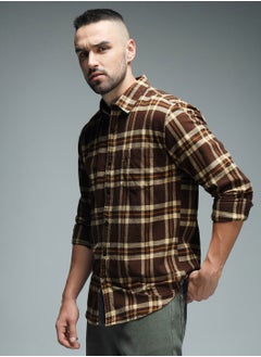 HIGH STAR Regular Fit Checked Shirt for Men - Brown Cotton  - Image 3