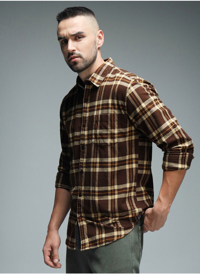 HIGH STAR - Regular Fit Checked Shirt for Men - Brown Cotton - Image 1