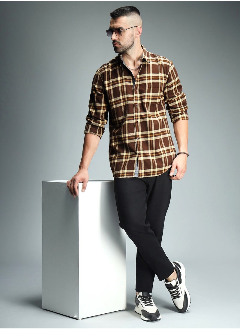 HIGH STAR - Regular Fit Checked Shirt for Men - Brown Cotton - Image 1