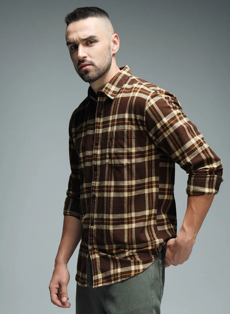 HIGH STAR Regular Fit Checked Shirt for Men - Brown Cotton
