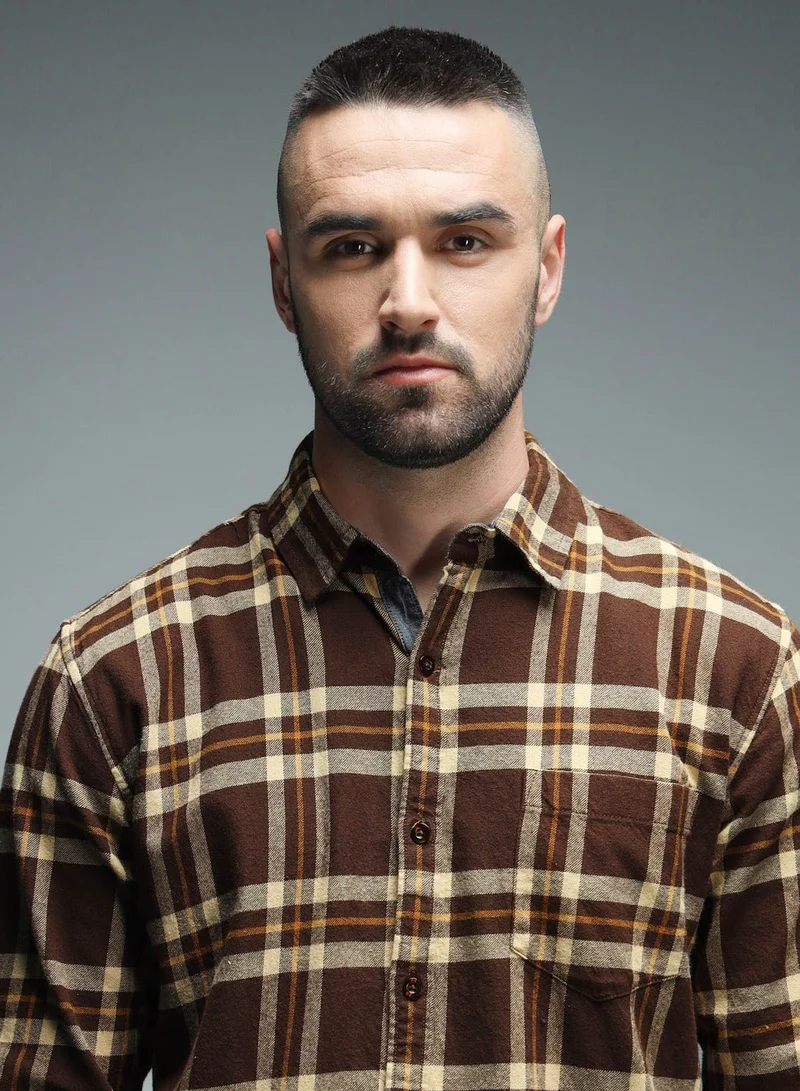 HIGH STAR Regular Fit Checked Shirt for Men - Brown Cotton