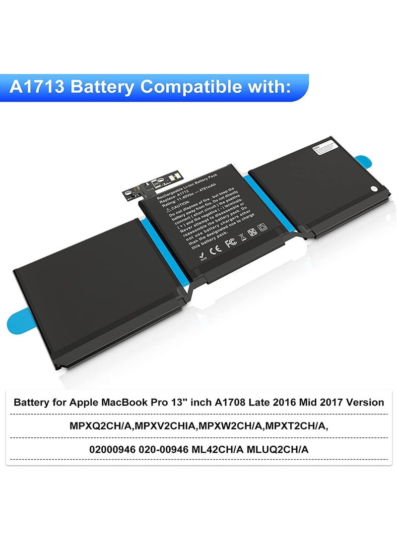 Terabyte A1713 A1708 Battery Replacement Laptop Battery Compatible for MacBook Pro 13-inch A1708 (Late 2016, Mid 2017) - [Li-Polymer 11.4V 54.5Wh 4781mAh - Image 4