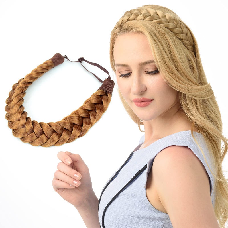 DIGUAN Huge 2 Strands Thick Synthetic Hair Braided Headband Classic Chunky Plaited Braids Elastic Stretch Hairpiece Women Girl Beauty accessory 4oz Strawberry Blonde