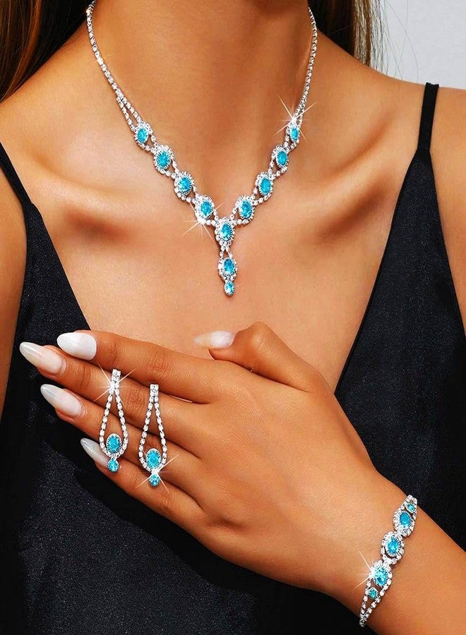كيلشي طقم مجوهرات زفاف من أحجار الراين من كيلشاي، يتضمن قلادة وأقراط وسوار كريستالي، مناسب لحفلات التخرج للنساء (أزرق فاتح). - Image 5