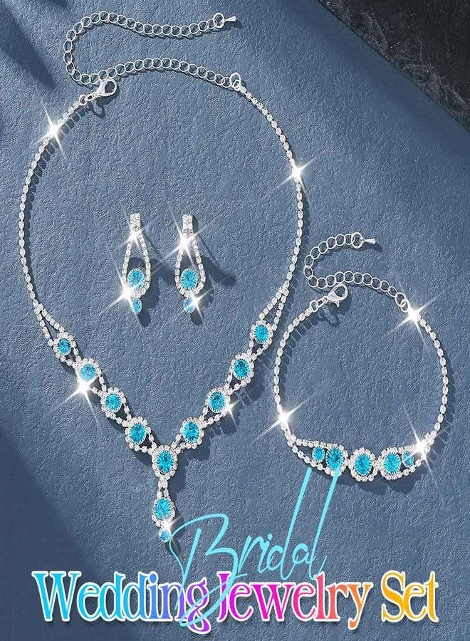 كيلشي طقم مجوهرات زفاف من أحجار الراين من كيلشاي، يتضمن قلادة وأقراط وسوار كريستالي، مناسب لحفلات التخرج للنساء (أزرق فاتح). - Image 2