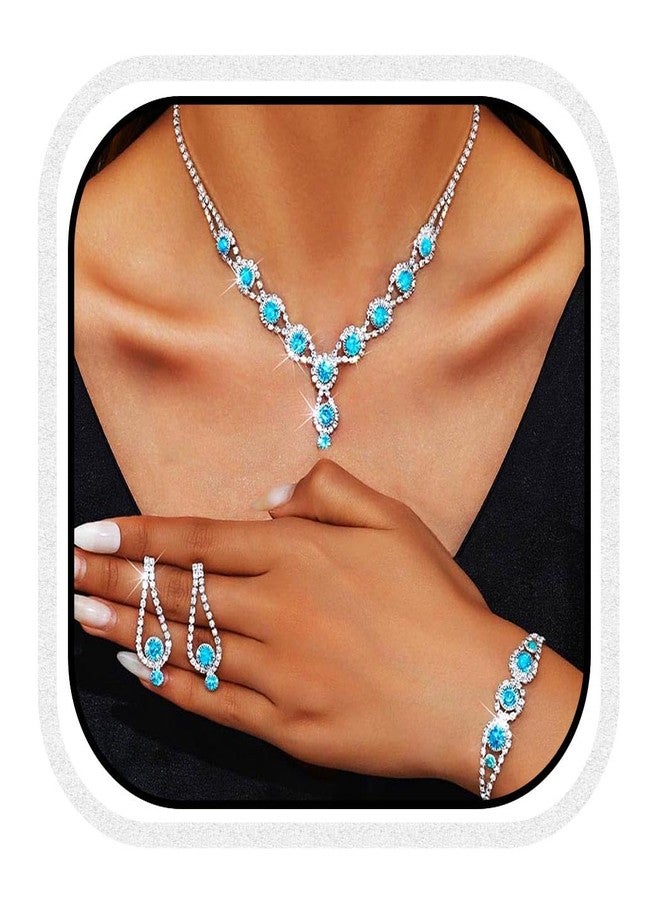 كيلشي طقم مجوهرات زفاف من أحجار الراين من كيلشاي، يتضمن قلادة وأقراط وسوار كريستالي، مناسب لحفلات التخرج للنساء (أزرق فاتح). - Image 1