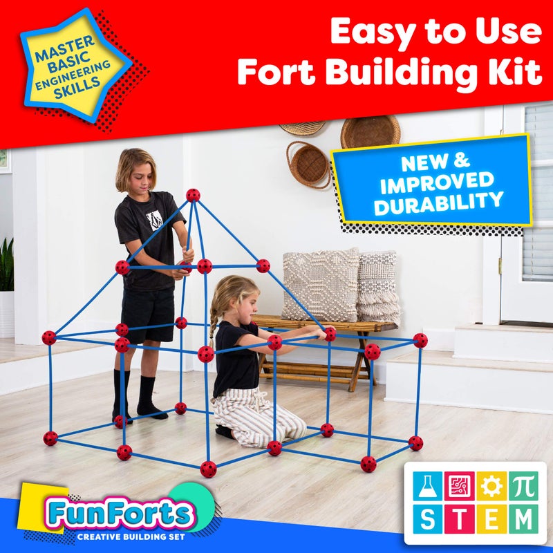 Power Your Fun Fun Forts Kids Tent - 81 Pack Fort Building STEM Toys Kit, Construction Toys Play Tent Indoor and Outdoor Playhouse for Kids with 53 Rods and 28 Spheres (Red, Blue) - Image 2