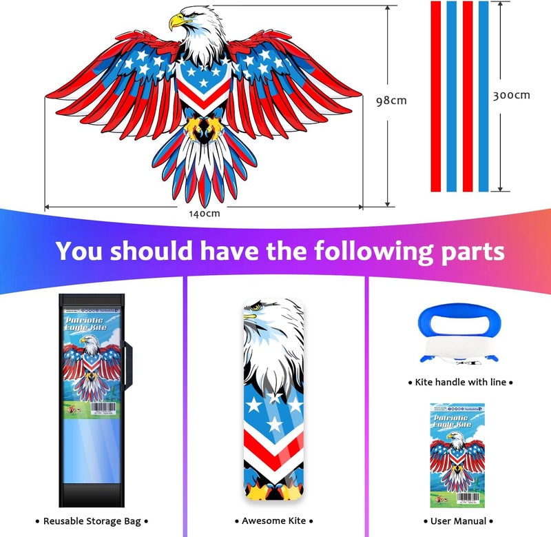 Honbo Eagle Kite, America Flag Kite for Kids and Adults. Wonderful Beginner Kite for Boys and Girls, Suitable for Ages 8-12, Best Single Line Kites Comes with 200ft String and Handle(Eagle) - Image 5