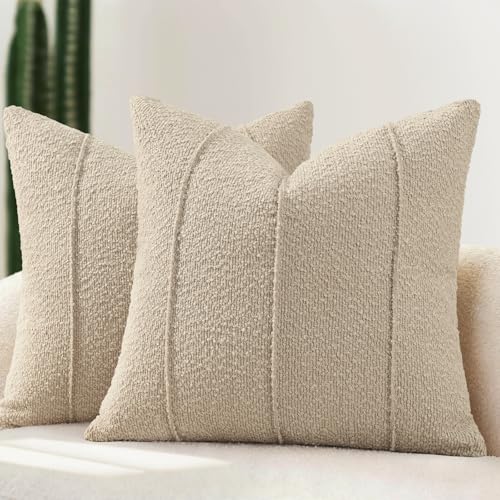 YCOLL Textured Boucle Throw Pillow Covers 20x20 Pack of 2 Soft Neutral Striped Cushion Covers Cozy Accent Decorative Pillow Covers for Couch Sofa Bed Living Room Oatmeal - Image 1
