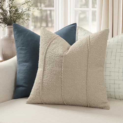 YCOLL Textured Boucle Throw Pillow Covers 20x20 Pack of 2 Soft Neutral Striped Cushion Covers Cozy Accent Decorative Pillow Covers for Couch Sofa Bed Living Room Oatmeal - Image 3