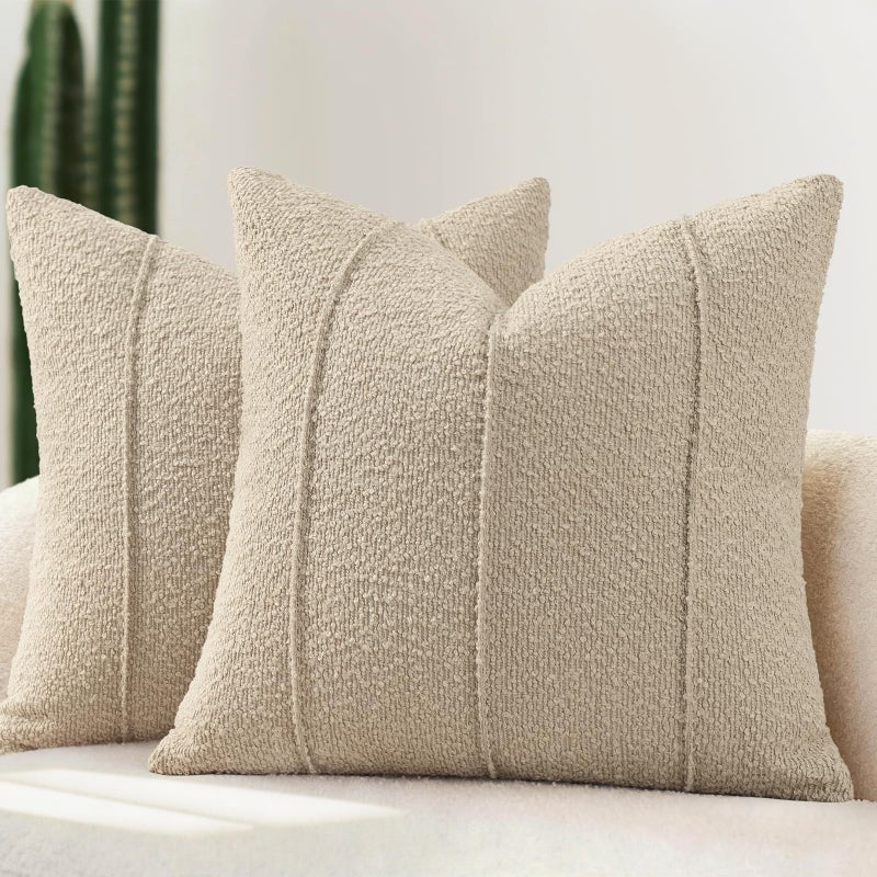 YCOLL Textured Boucle Throw Pillow Covers 20x20 Pack of 2 Soft Neutral Striped Cushion Covers Cozy Accent Decorative Pillow Covers for Couch Sofa Bed Living Room Oatmeal - Image 2