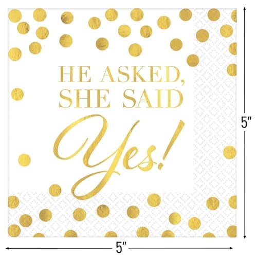 Amscan Elegant Gold & White "He Asked, She Said Yes!" Hot Stamped Beverage Napkins - 5" x 5" (Pack Of 16) | Sturdy Paper Materials | Perfect For Weddings & Engagements Celebrations - Image 2