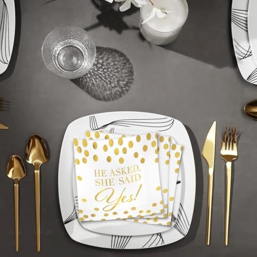 Amscan Elegant Gold & White "He Asked, She Said Yes!" Hot Stamped Beverage Napkins - 5" x 5" (Pack Of 16) | Sturdy Paper Materials | Perfect For Weddings & Engagements Celebrations - Image 3