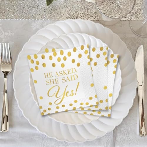 Amscan Elegant Gold & White "He Asked, She Said Yes!" Hot Stamped Beverage Napkins - 5" x 5" (Pack Of 16) | Sturdy Paper Materials | Perfect For Weddings & Engagements Celebrations - Image 4