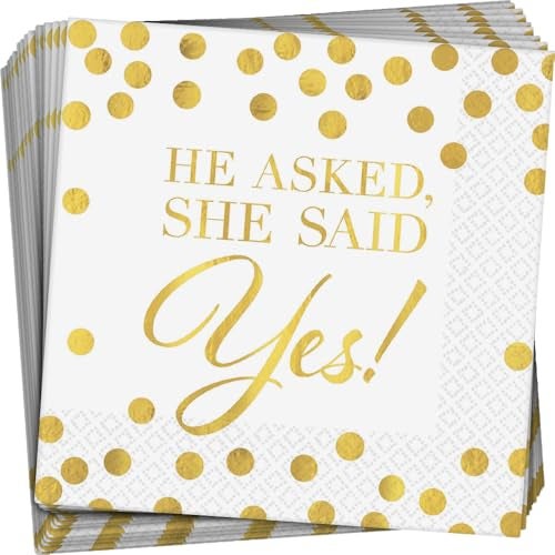 Amscan Elegant Gold & White "He Asked, She Said Yes!" Hot Stamped Beverage Napkins - 5" x 5" (Pack Of 16) | Sturdy Paper Materials | Perfect For Weddings & Engagements Celebrations - Image 1