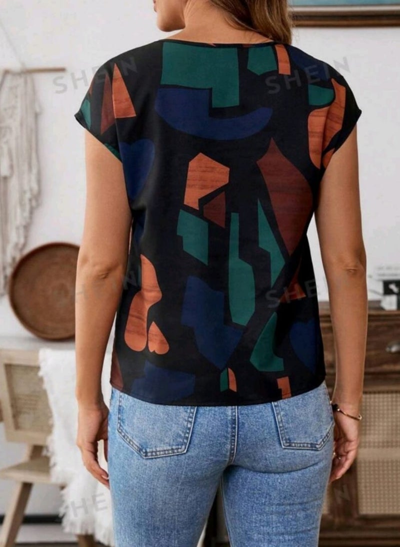 EMERY ROSE Women's Summer Geometric Print Batwing Sleeve Casual Shirt,Short Sleeve Tops  - Image 3