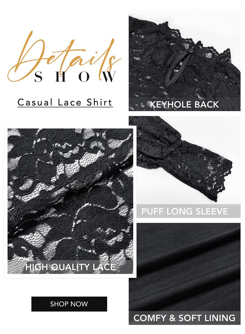 DOROSE Womens Tops and Blouses Dressy Casual Lace Floral Long Sleeve Shirts Work Black S - Image 4