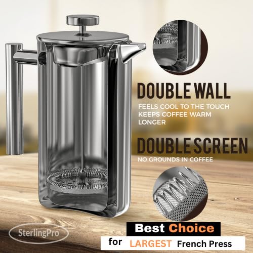 SterlingPro French Press Coffee Maker (1.75L)-Double Walled Large Coffee Press with 2 Extra Filters-Enjoy Granule-Free Coffee, Stylish Rust Free Kitchen Accessory-Stainless Steel (Mirror) - Image 2