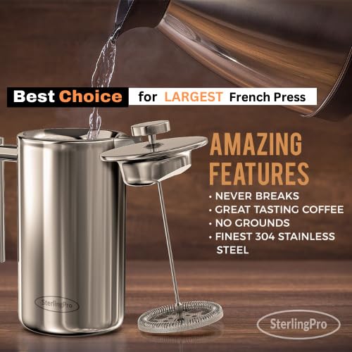 SterlingPro French Press Coffee Maker (1.75L)-Double Walled Large Coffee Press with 2 Extra Filters-Enjoy Granule-Free Coffee, Stylish Rust Free Kitchen Accessory-Stainless Steel (Mirror) - Image 3