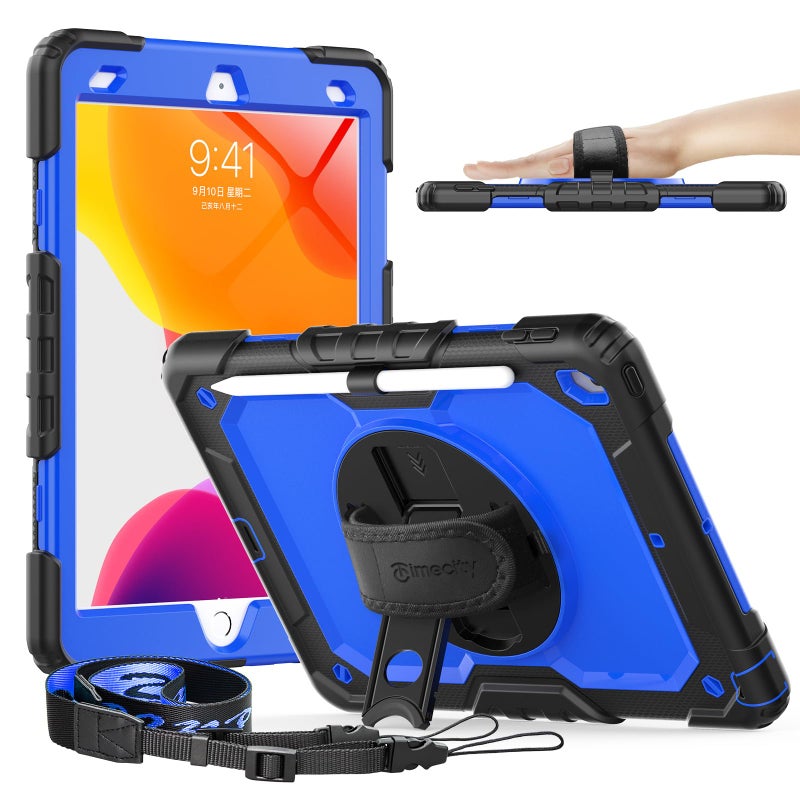 Timecity Case for iPad 9th 8th 7th Generation 102 inch Heavy Duty Protective Cover with Screen Protector Rotating Stand Shoulder Strap Pencil Holder KidsFriendly Dark Blue