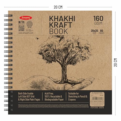 Anupam Khaki Sketchbook - Wireo Book - One Side Dot-Grid & One Side Plain Paper - 140 GSM Cartridge Paper (Square, 80 Pages) - Image 2