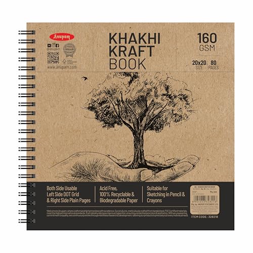 Anupam Khaki Sketchbook - Wireo Book - One Side Dot-Grid & One Side Plain Paper - 140 GSM Cartridge Paper (Square, 80 Pages) - Image 1