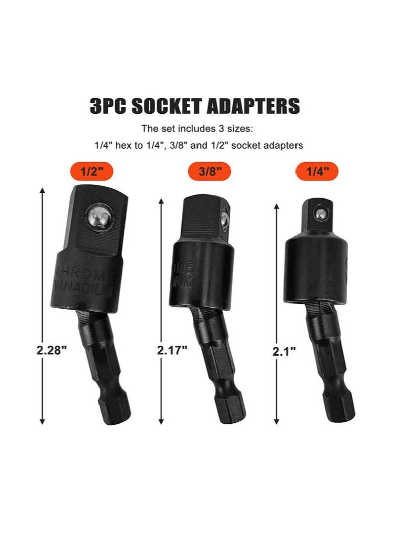 Bukela - Power Drill Sockets Adapter Impact Driver Adapter 360 Degrees Rotatable Hex Shank Impact Driver Socket Adapter Socket to Drill Adapter 1/4" 3/8" 1/2" Impact Driver Adapter 3 Piece - Image 1